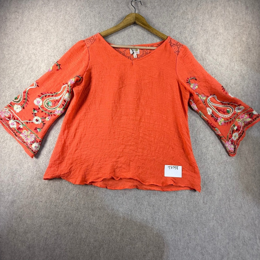 Fig and Flower Orange Embroidered Bell Sleeve Lace Shoulder Blouse Small
